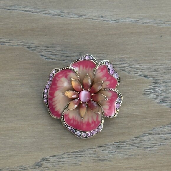 Vintage LC Liz Claiborne Brooch Pin Flower Orange Pink Enamel Rhinestones Signed - Picture 7 of 9